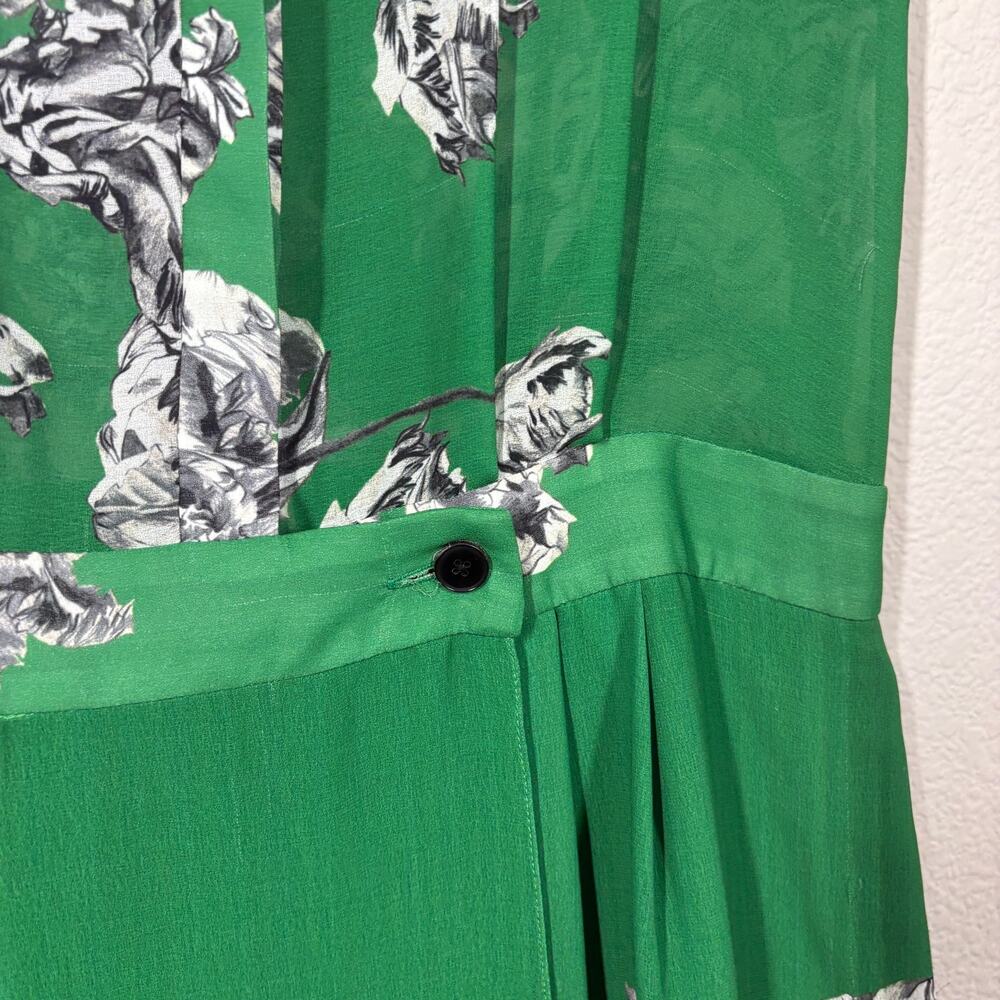 Derek Lam Shift Dress Green Floral Pleated Collared Short Sleeves - Picture 6 of 12